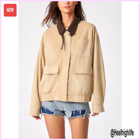 Oversized Faux Suede Bomber Jacket with Corduroy Collar, Utility Pockets - Picture 5 of 7